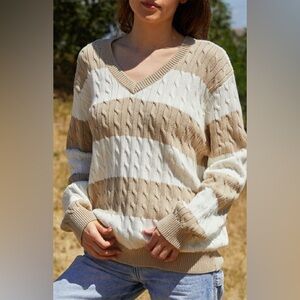 Brandy Melville Cable Knit V-Neck Sweater - Cream and Tan